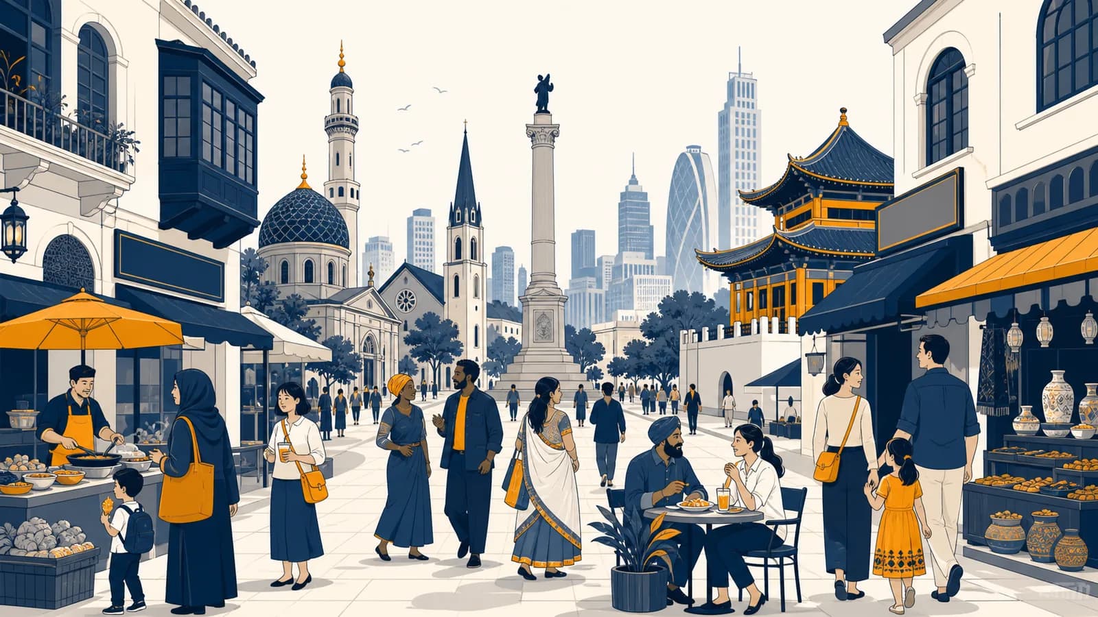 An illustrated city street showing varied languages, foods, places of worship, monuments and building styles.