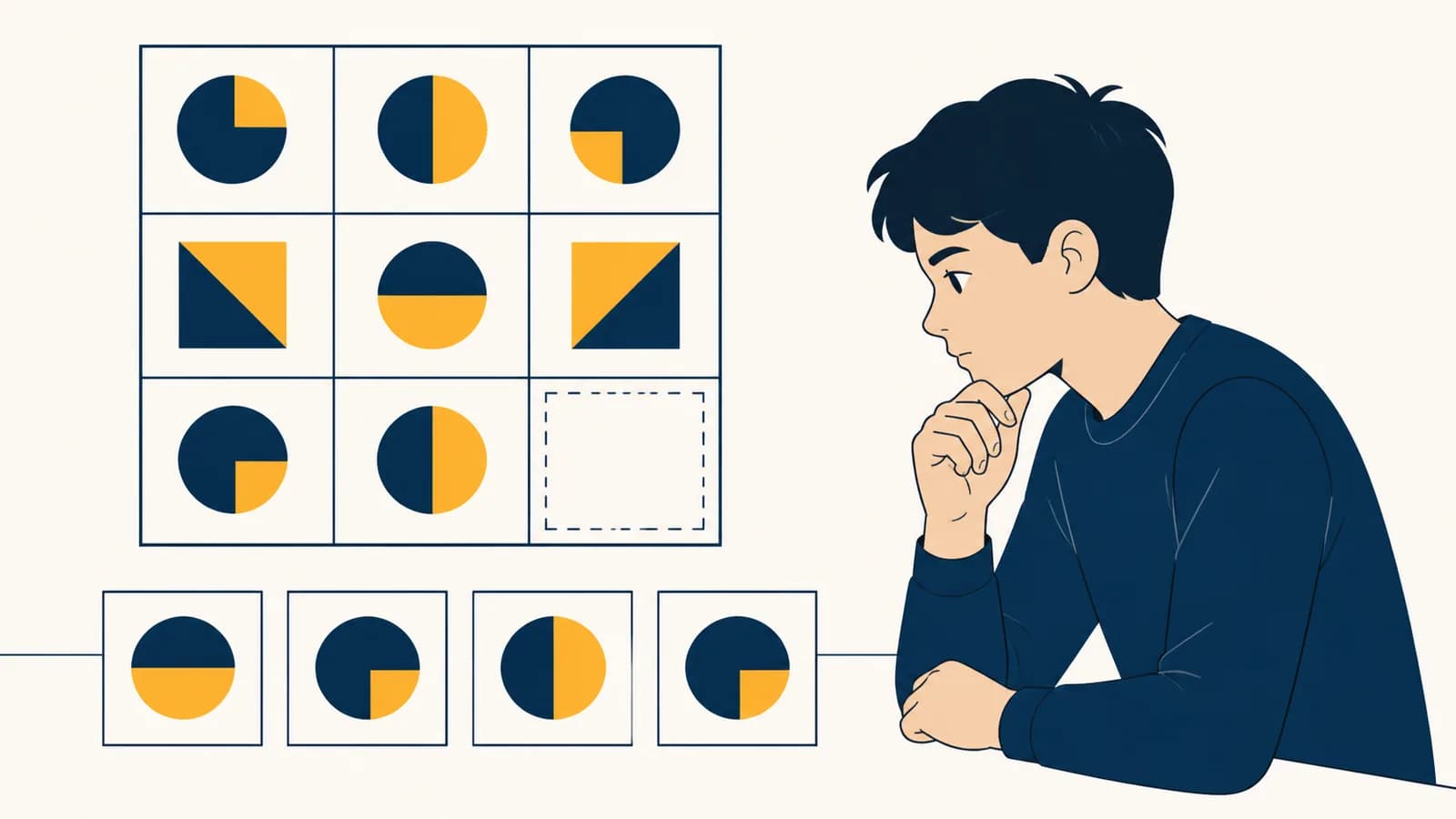A student studies a grid of abstract shapes while comparing possible missing pieces.