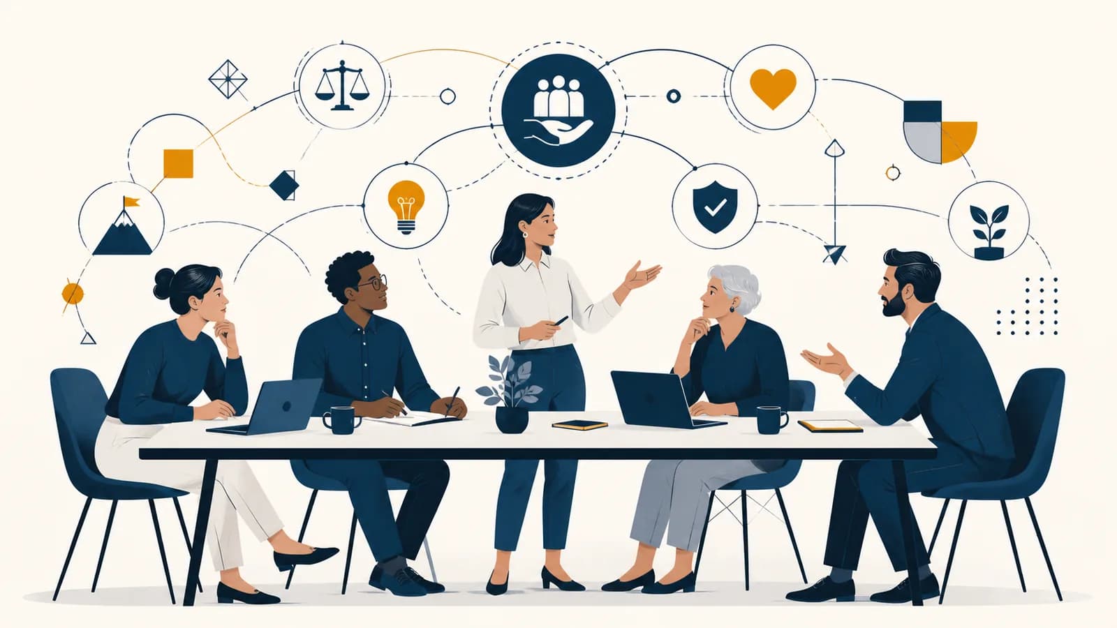 Employees discuss a workplace decision around a table while shared values and feedback connect their actions.