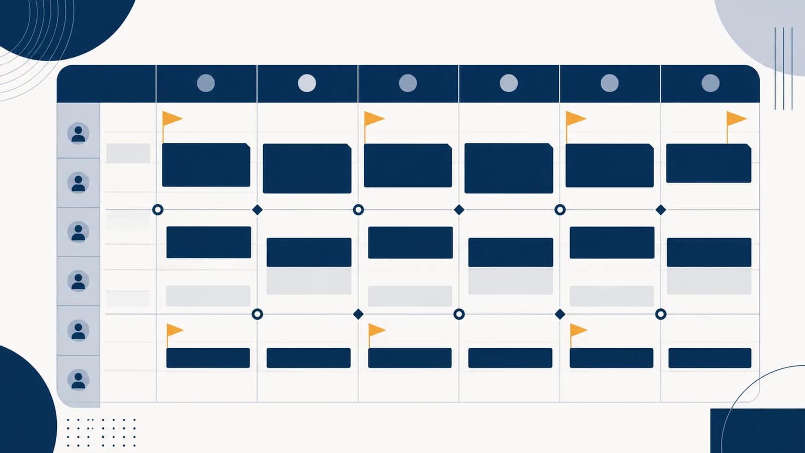 A team calendar shows protected focus blocks, milestone flags, and review points arranged in a steady weekly rhythm.