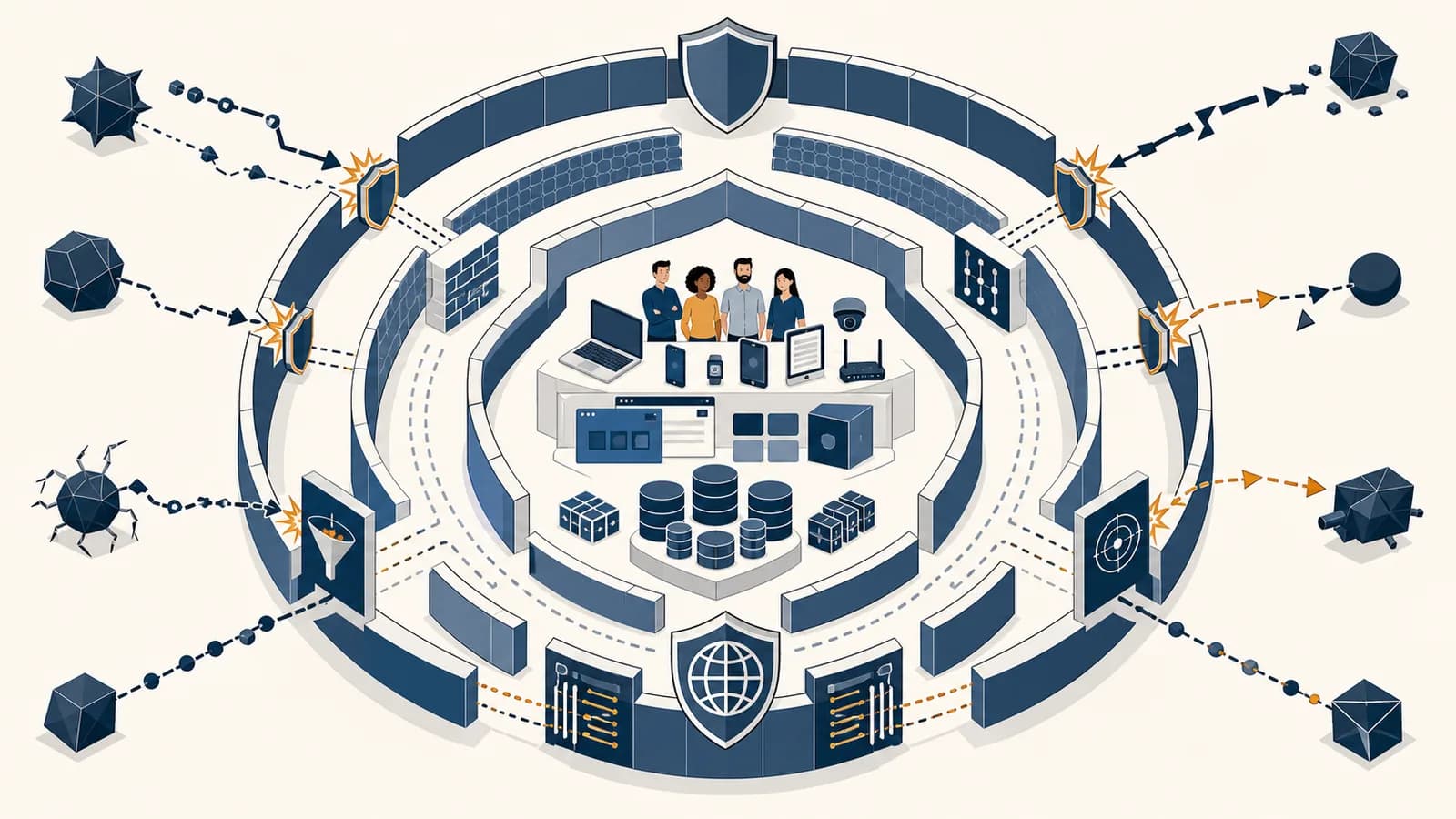 An illustration of layered digital defenses protecting people, connected devices, software, and data from multiple attack paths.