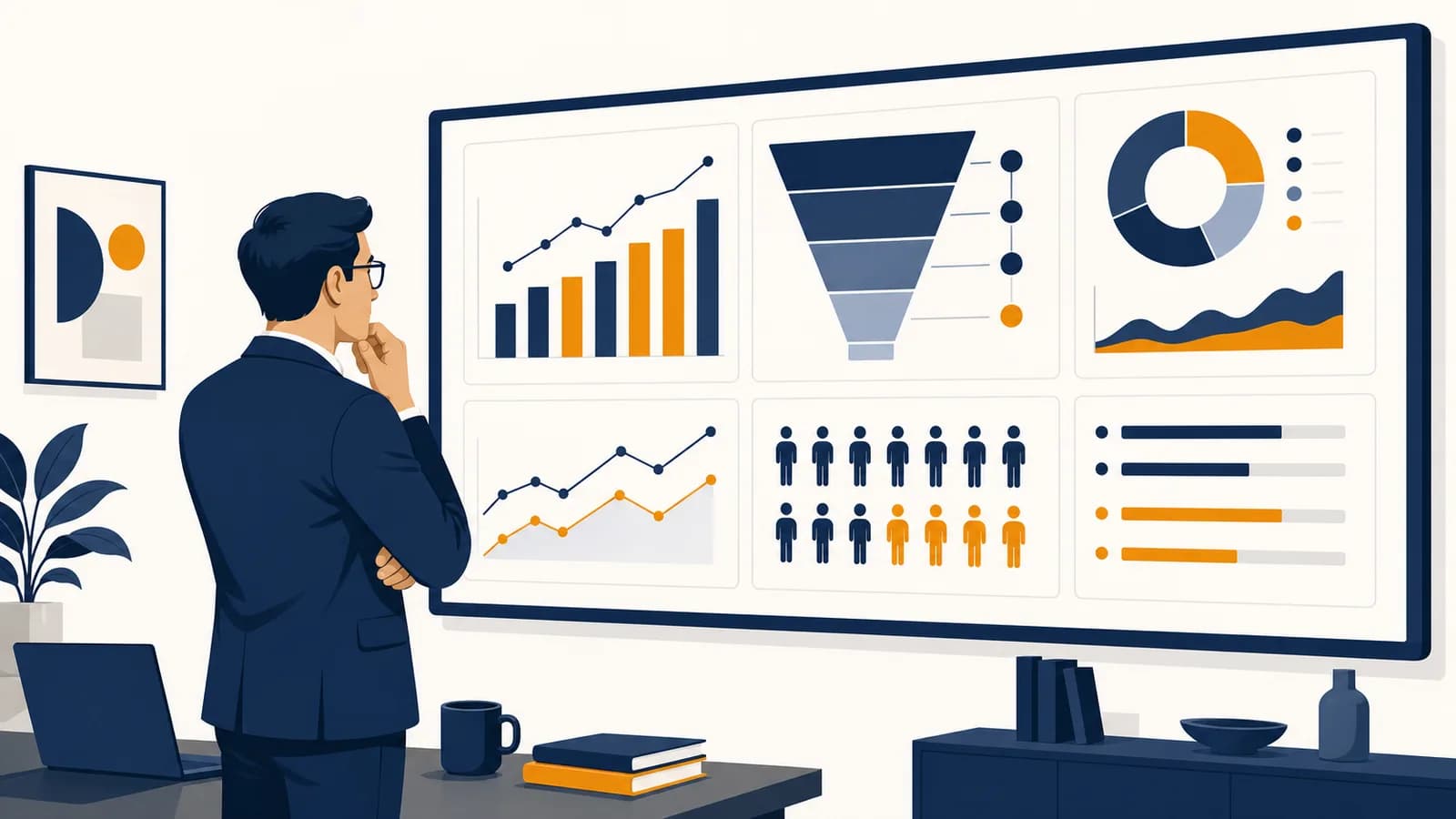 A marketing analyst compares campaign charts, conversion steps, and customer results on a large screen.