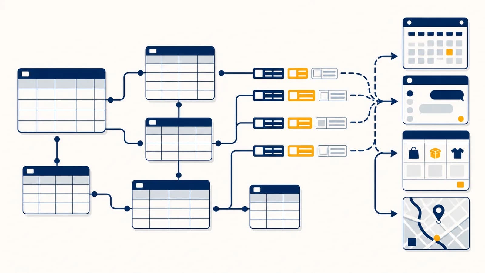 An illustration of connected database tables sending organized records to everyday apps.