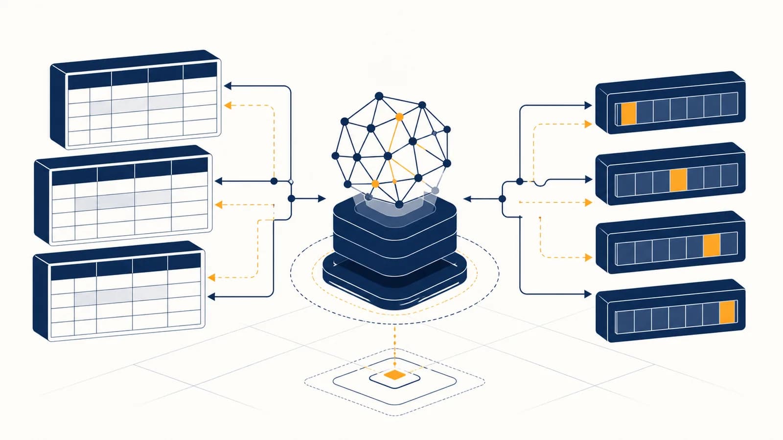 An illustration of an AI model querying tables and vector records inside a database system.