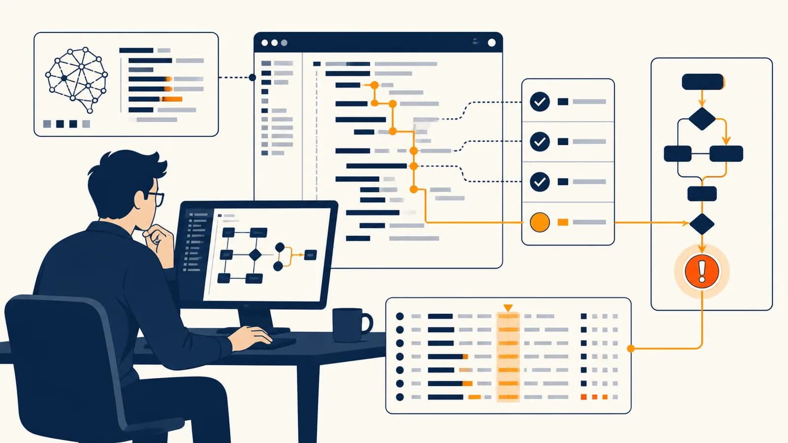 A developer traces an error through AI-generated code using tests, logs, and a highlighted execution path.
