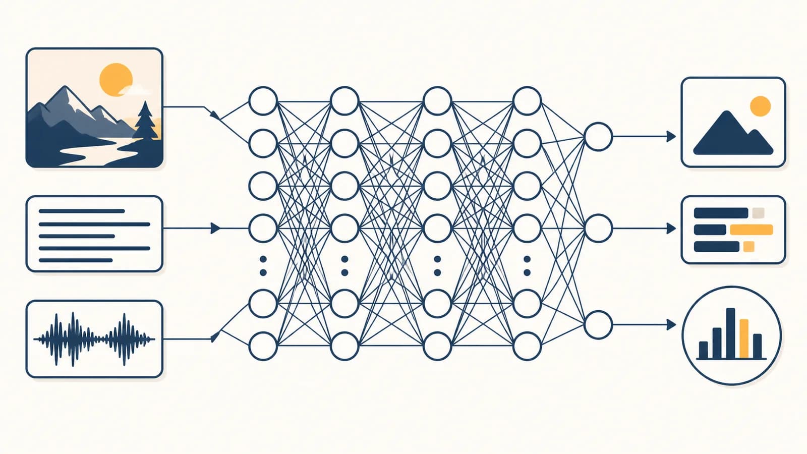 An illustration of layered neural network nodes transforming an image, a sentence, and a sound wave into outputs.
