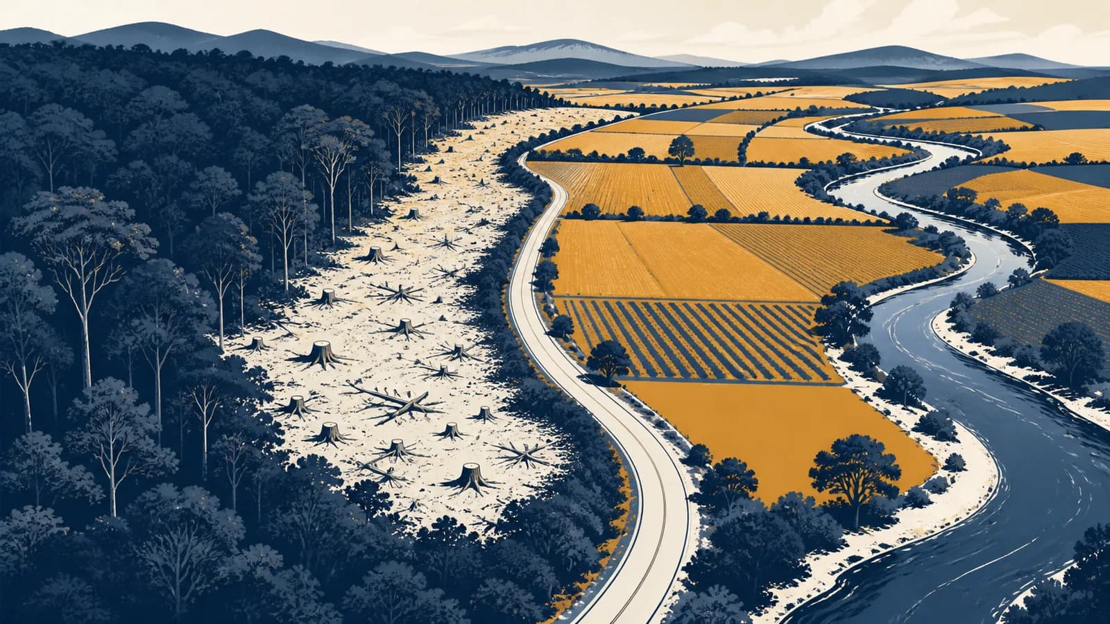An illustration shows a forest edge changing into farmland beside a road and river.