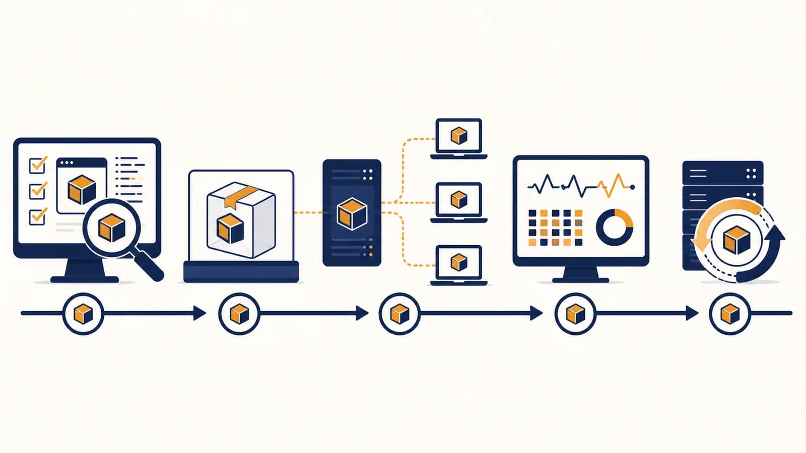 An application moving through testing, packaging, release, monitoring, and recovery stages on connected computers.