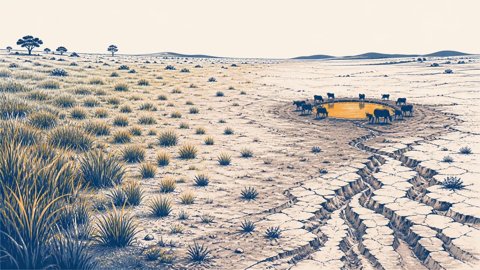 An illustration of dryland degradation showing healthy grassland changing into bare, eroded soil around an overused water point.