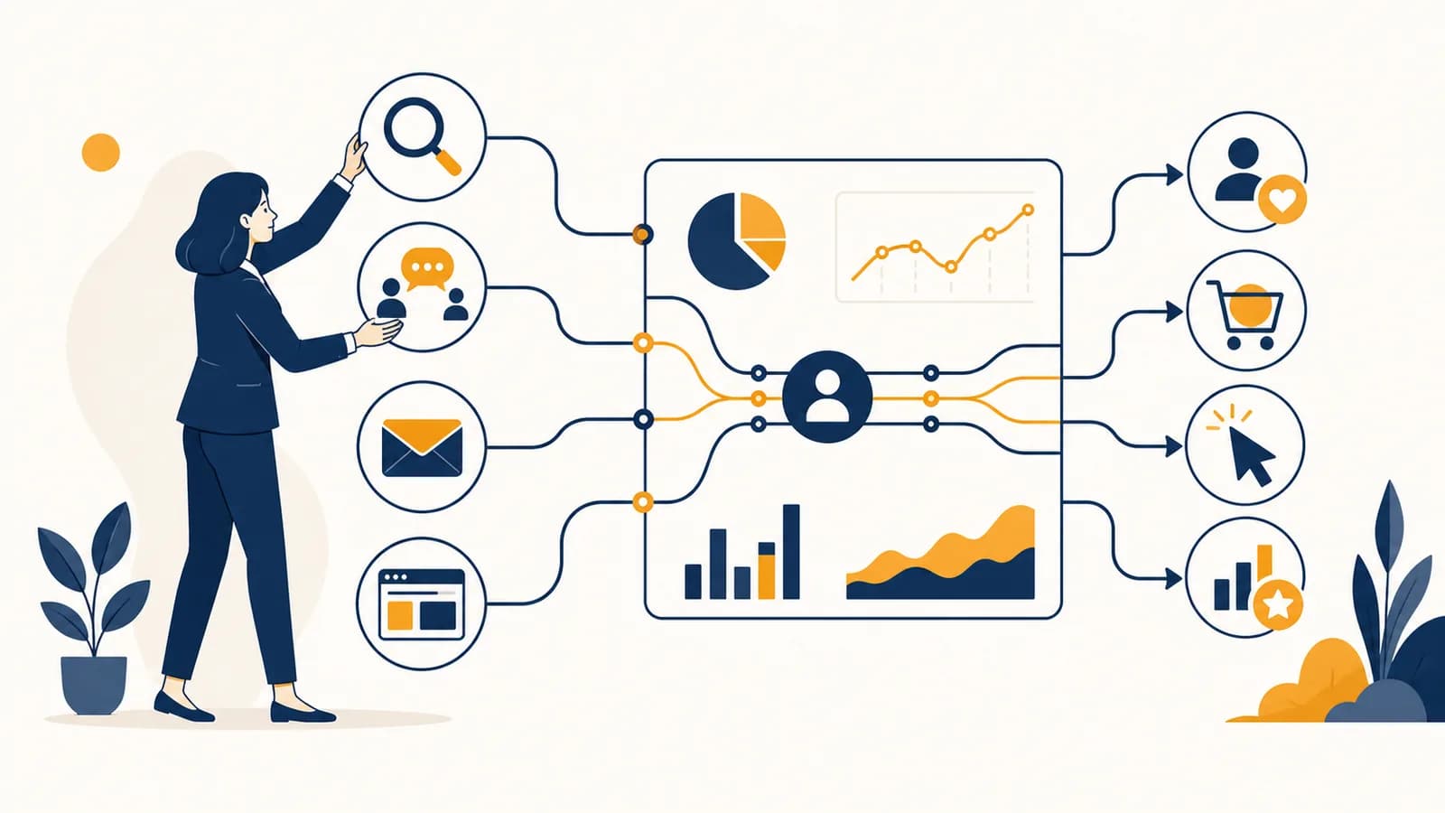 A marketer connects search, social media, email and website channels to customer actions on an analytics board.