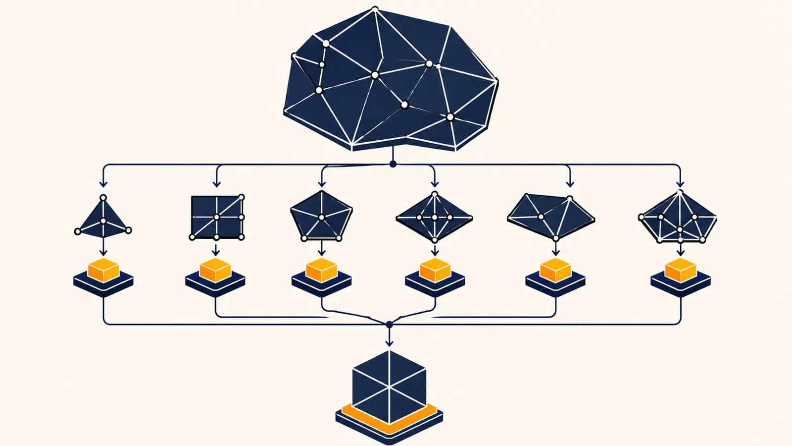 An illustration of a large problem branching into small solved subproblems whose saved answers combine into one result.