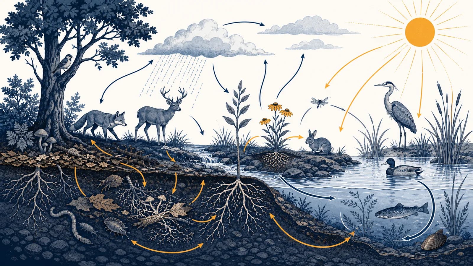 An illustrated ecosystem showing plants, animals, soil, water, sunlight, and nutrient flows.