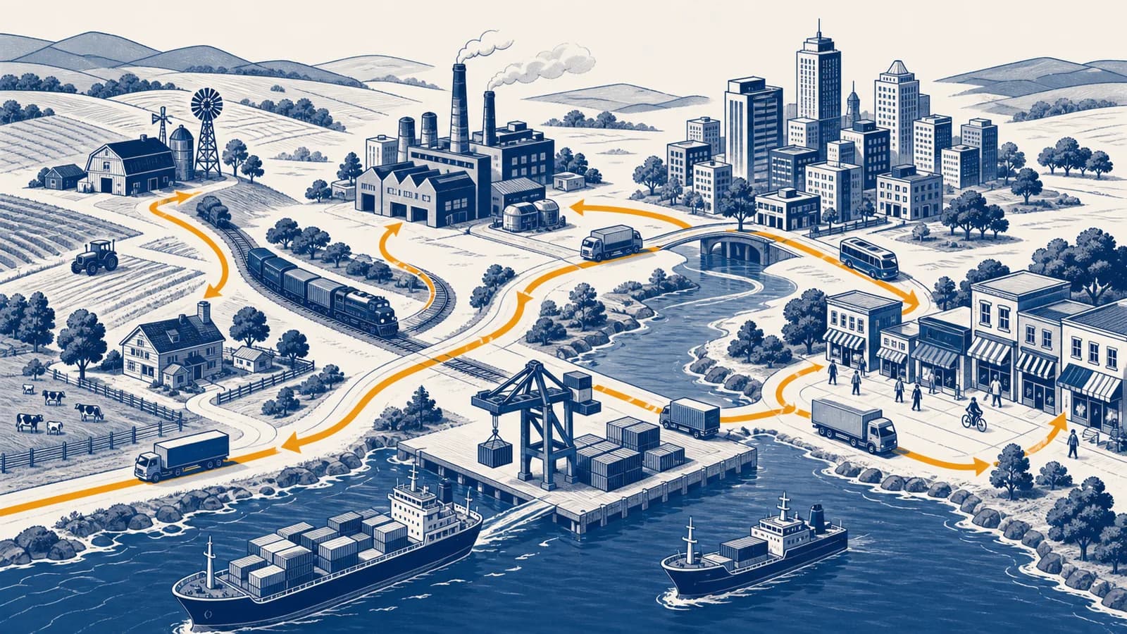 An illustrated map links farms, factories, cities, ports and shops with routes showing the movement of goods and workers.