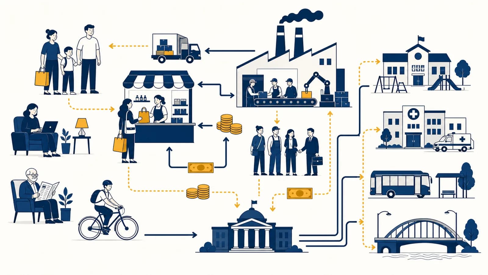 An illustration of people, shops, factories, money, and public services connected through an economy.