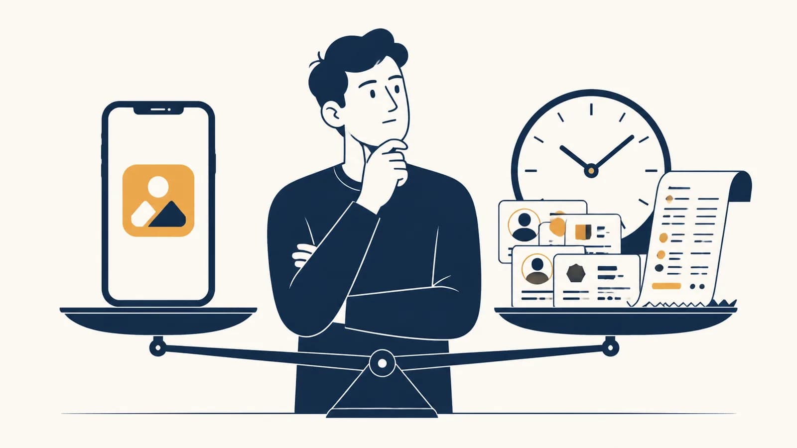 A person weighs a free smartphone app against a clock, personal data cards and a shopping receipt.