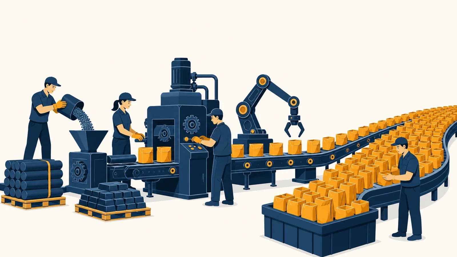 Workers and machines turn measured inputs into a larger flow of finished goods.