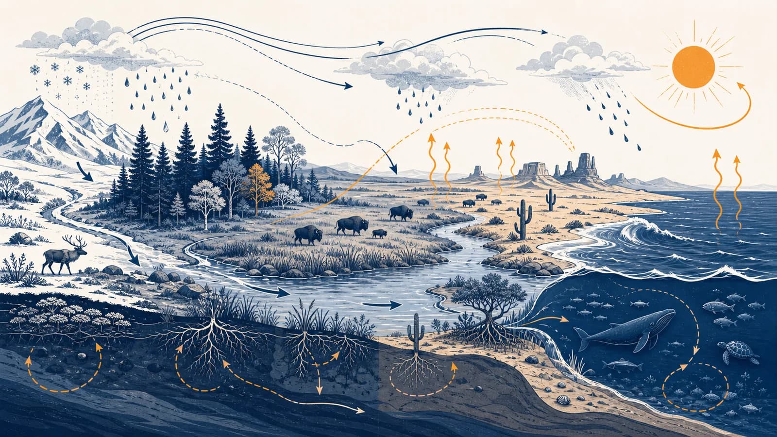 An illustrated landscape showing forest, grassland, desert, tundra, freshwater, and ocean ecosystems connected by climate and nutrient flows.