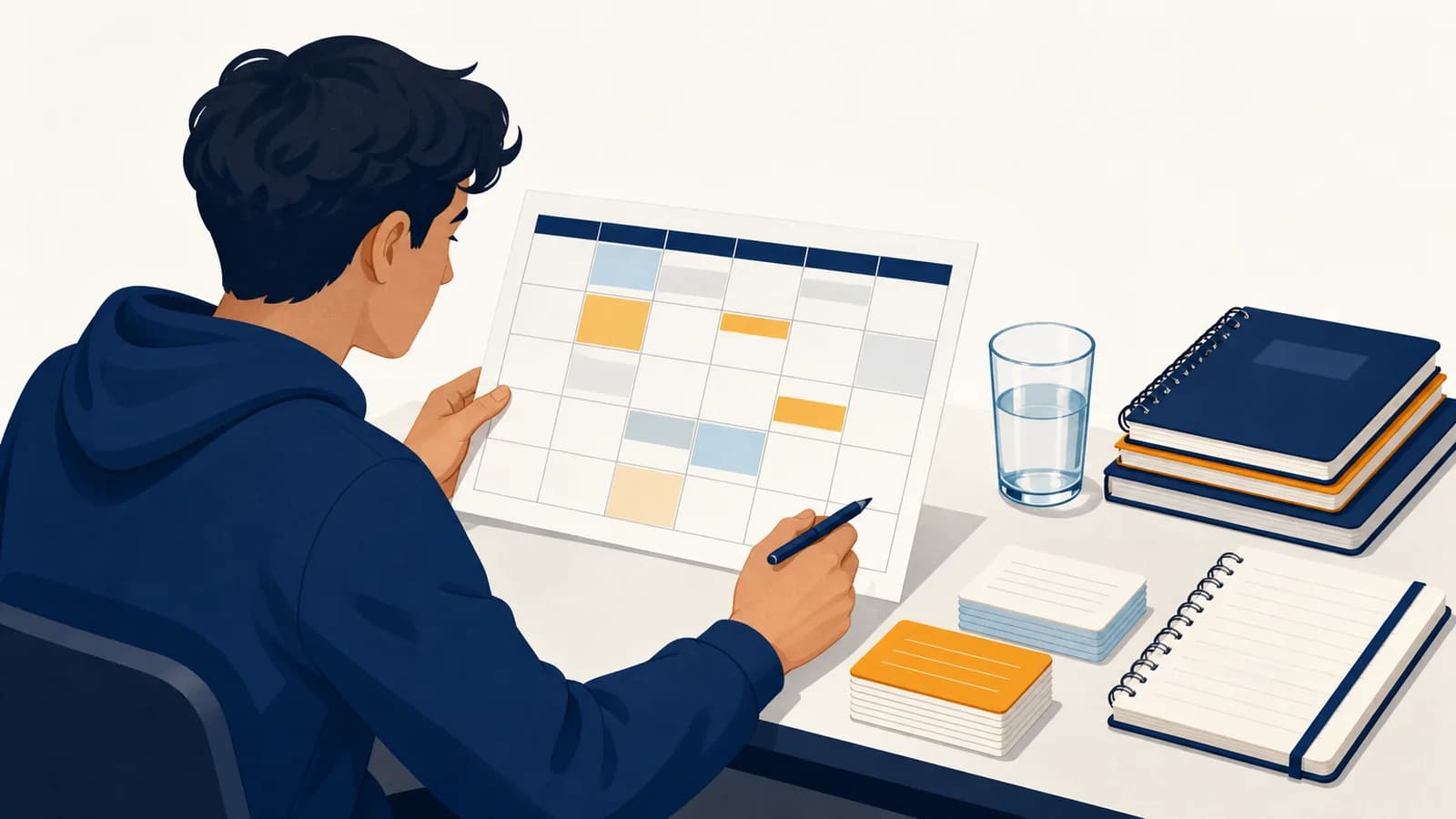 A student at a desk reviews a weekly study plan beside flashcards, notebooks, and a glass of water.