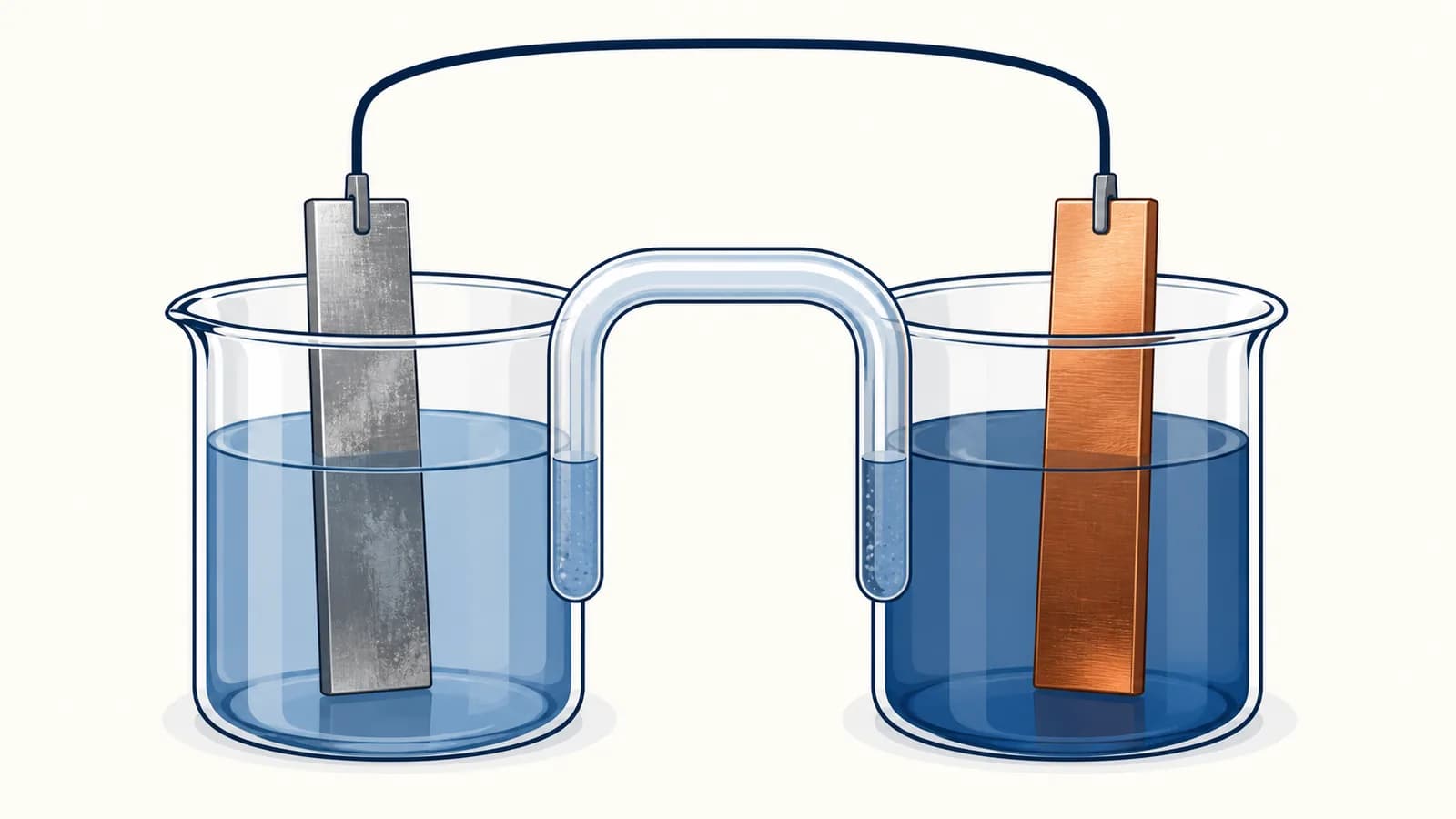 An illustration of a zinc and copper electrochemical cell connected by a wire and salt bridge.