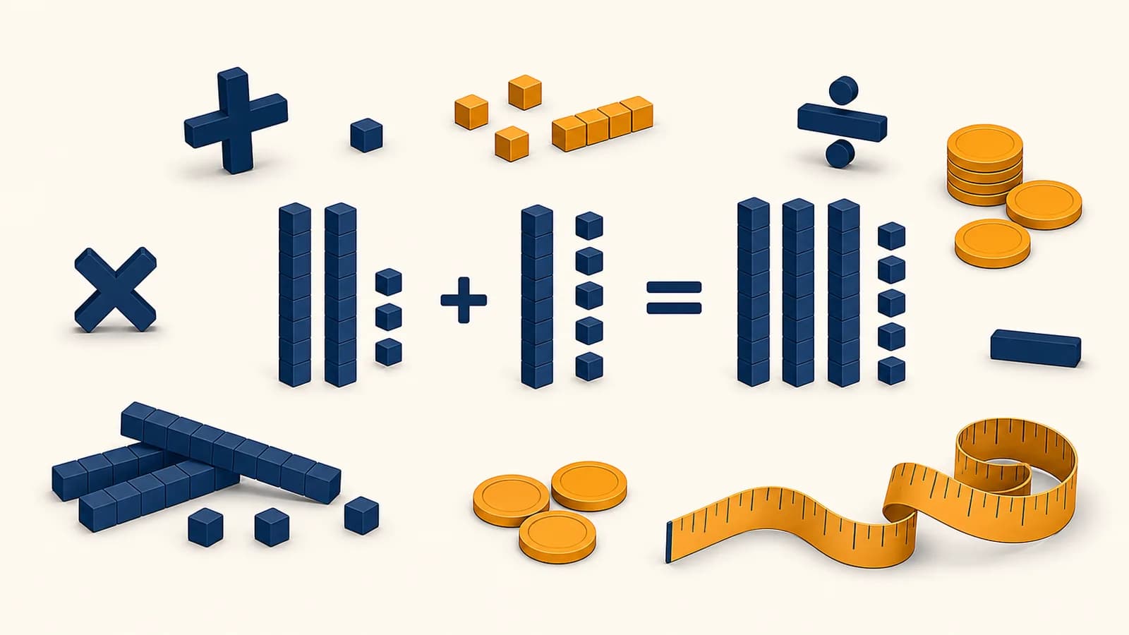 An illustration of arithmetic symbols, place value blocks, coins, and a measuring tape arranged around a clear calculation.