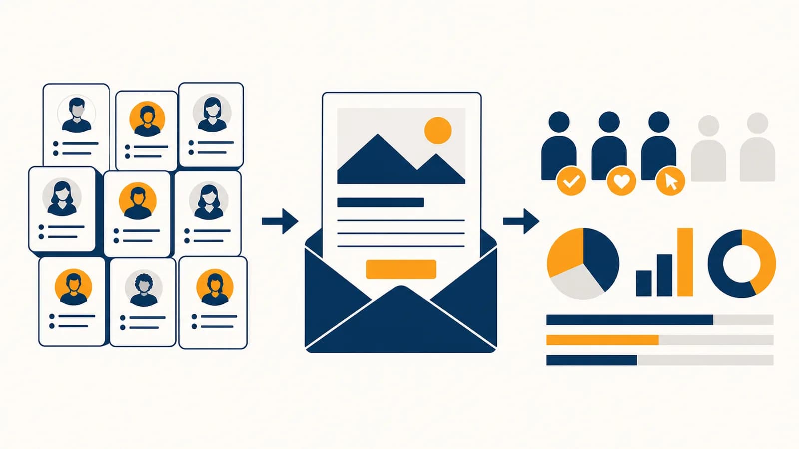 An illustration of an email campaign moving from a subscriber list through a message to measured customer responses.