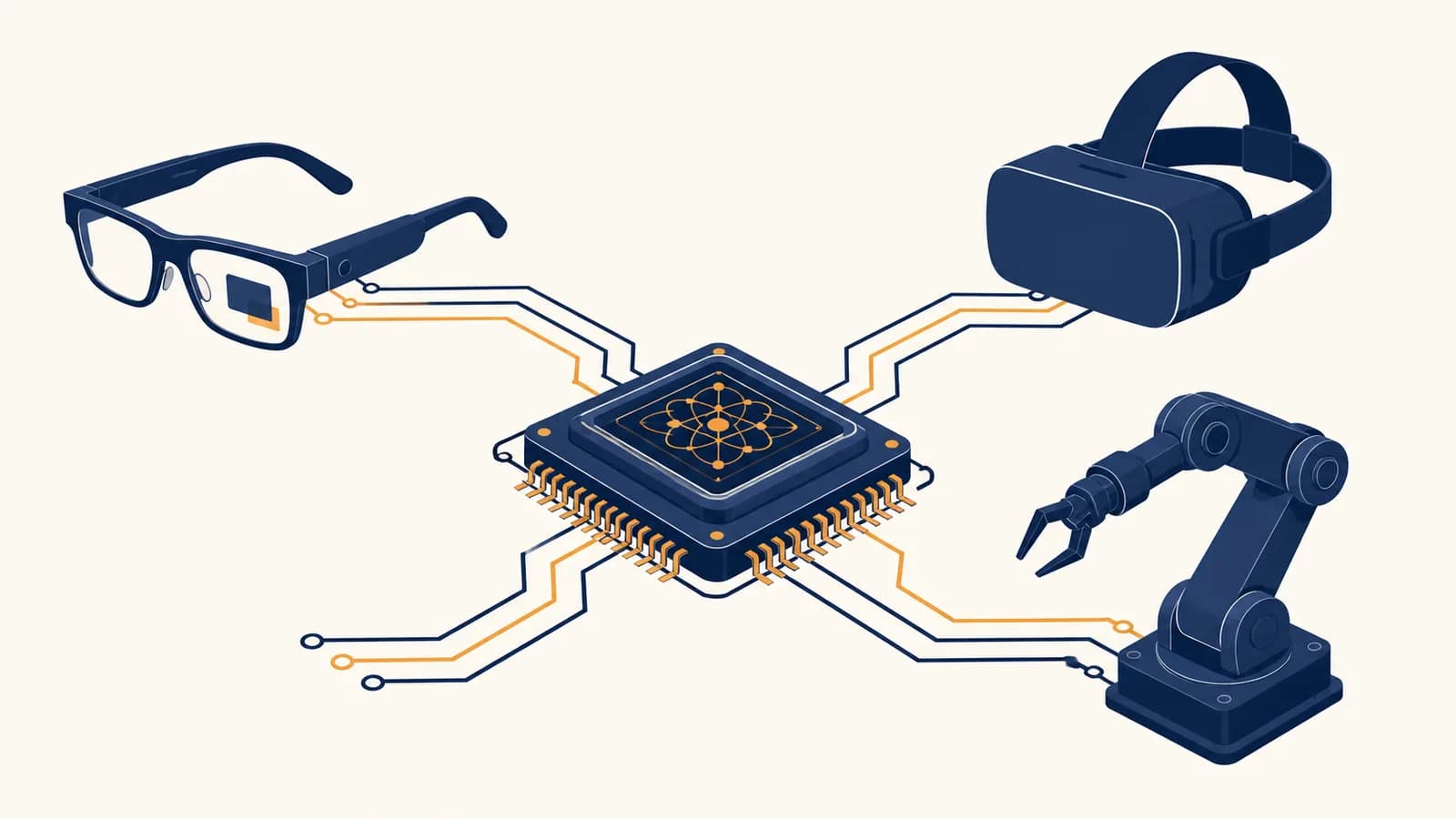 An illustration of a quantum chip, augmented reality glasses, a virtual reality headset and a robotic arm connected by data paths.