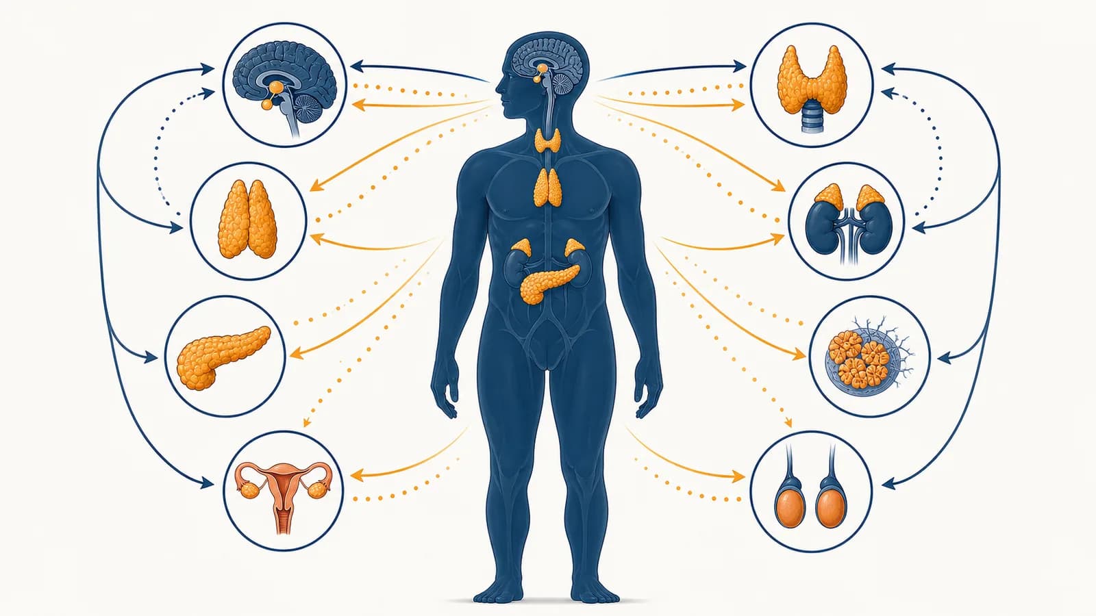 An illustration of endocrine glands connected by hormone signals and feedback arrows in the human body.