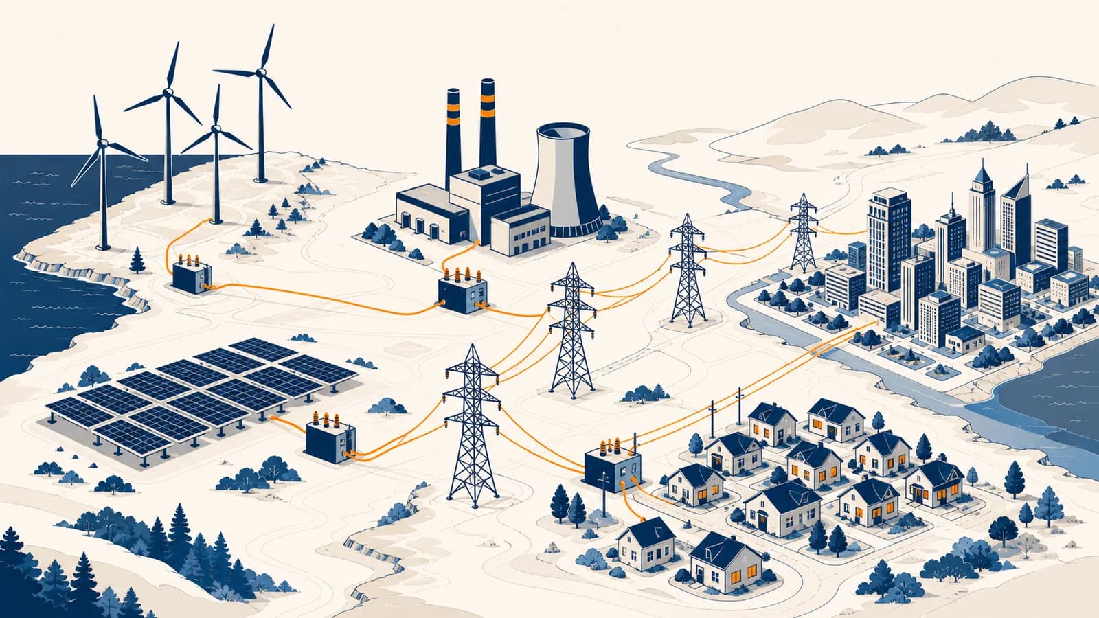An illustrated map connects a wind farm, solar panels, power station, transmission grid, city and homes.