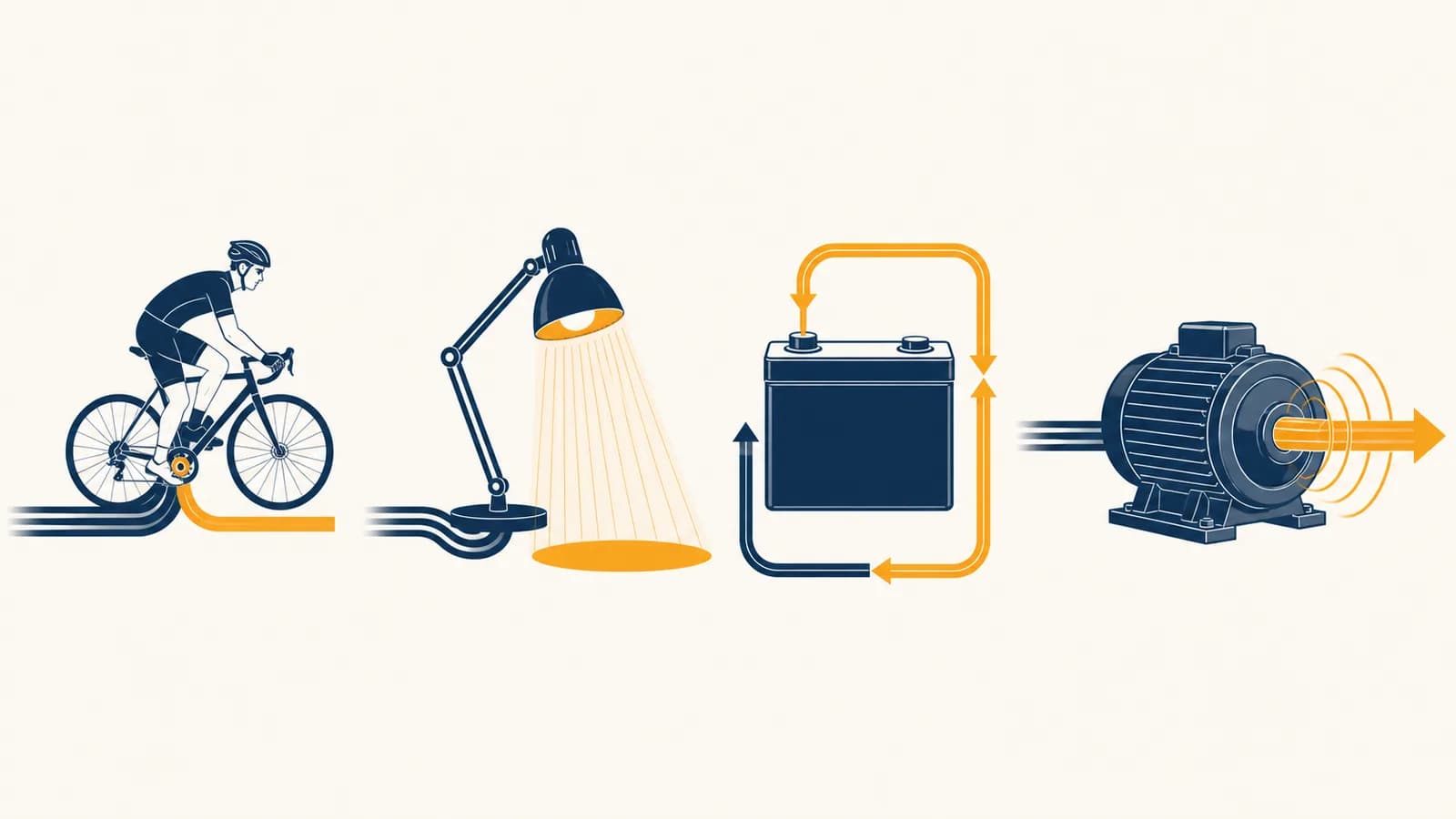 An illustration compares energy transfers and power rates in a cyclist, a lamp, a battery and an electric motor.
