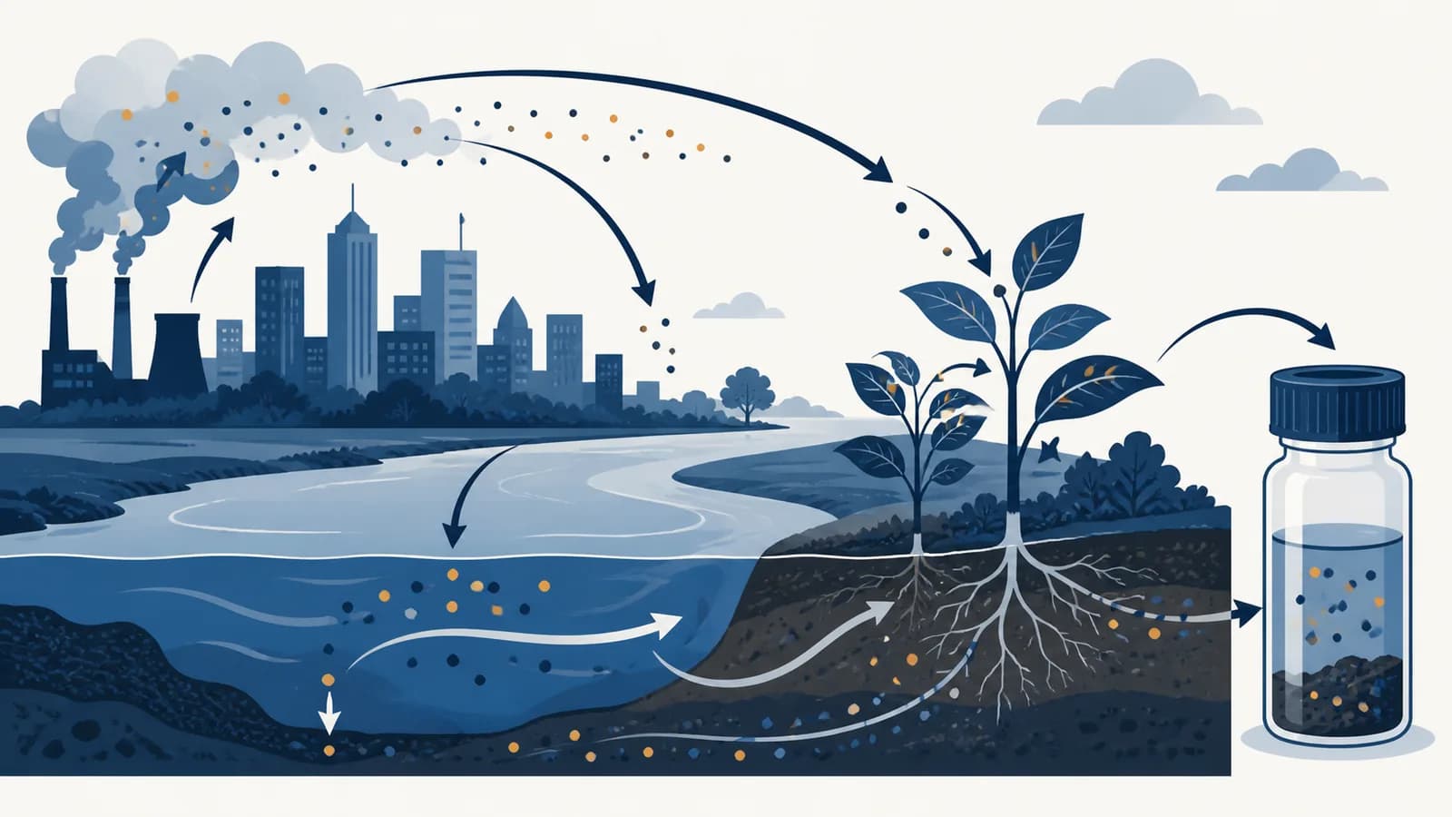 An illustration showing chemicals moving between city air, a river, soil, plants, and a laboratory sample vial.