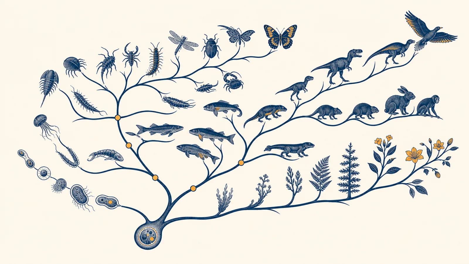 Branching tree of life showing related organisms changing across generations.