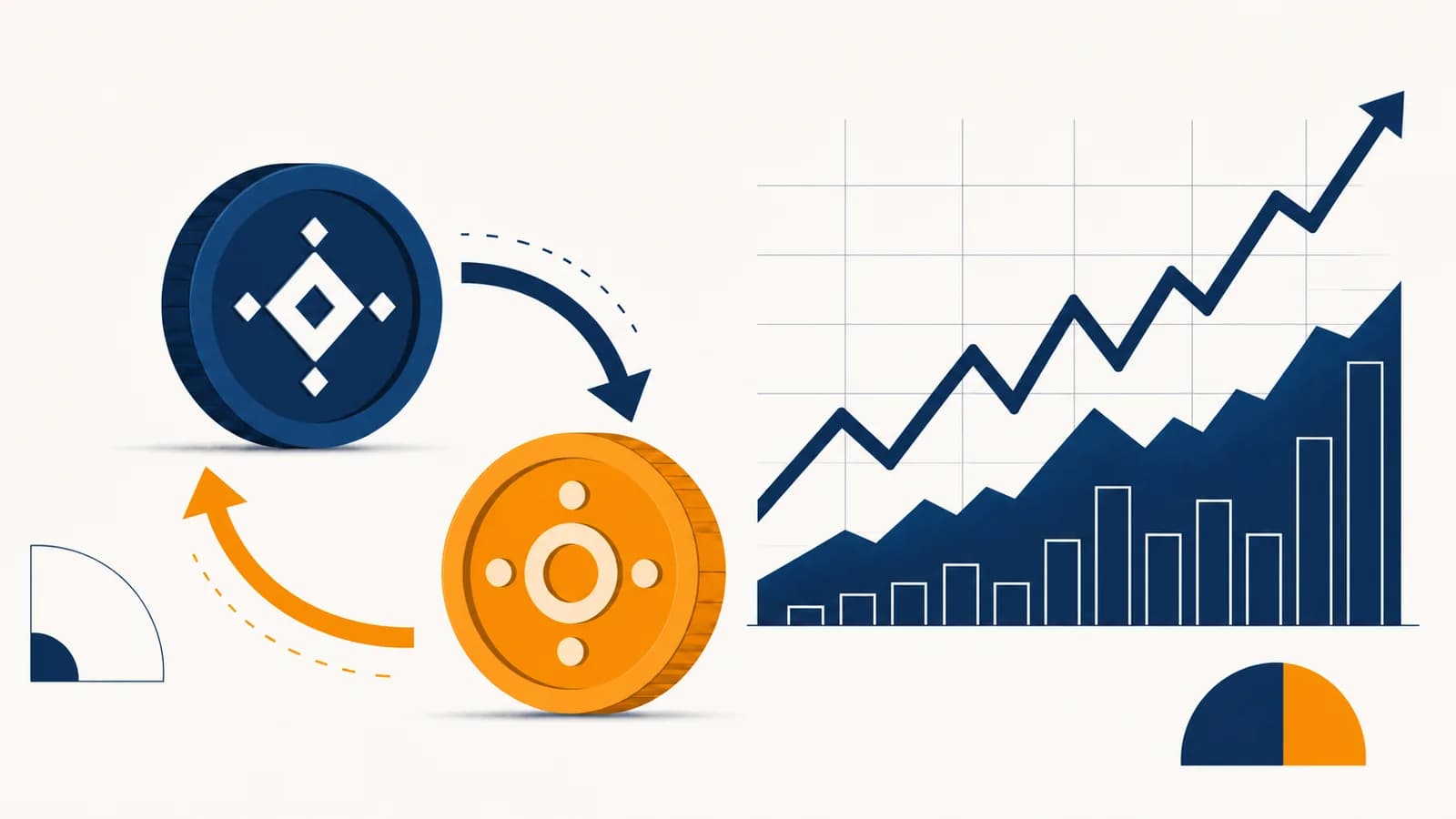 An illustration of two currencies being exchanged beside a changing price chart.
