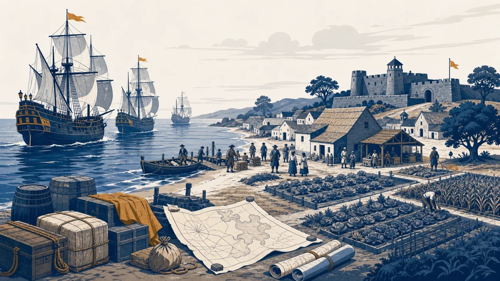 Sailing ships approach an inhabited coast beside trade goods, maps, farms, and a colonial fort.