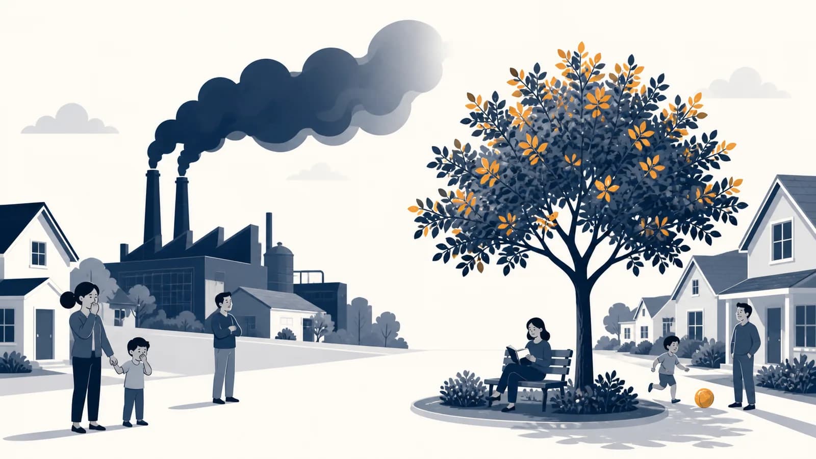 An illustration shows factory smoke affecting nearby homes while a planted tree benefits surrounding neighbors.