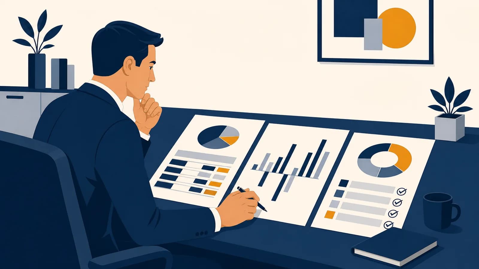 An illustration of a manager comparing a business budget, cash flow chart and spending plan.