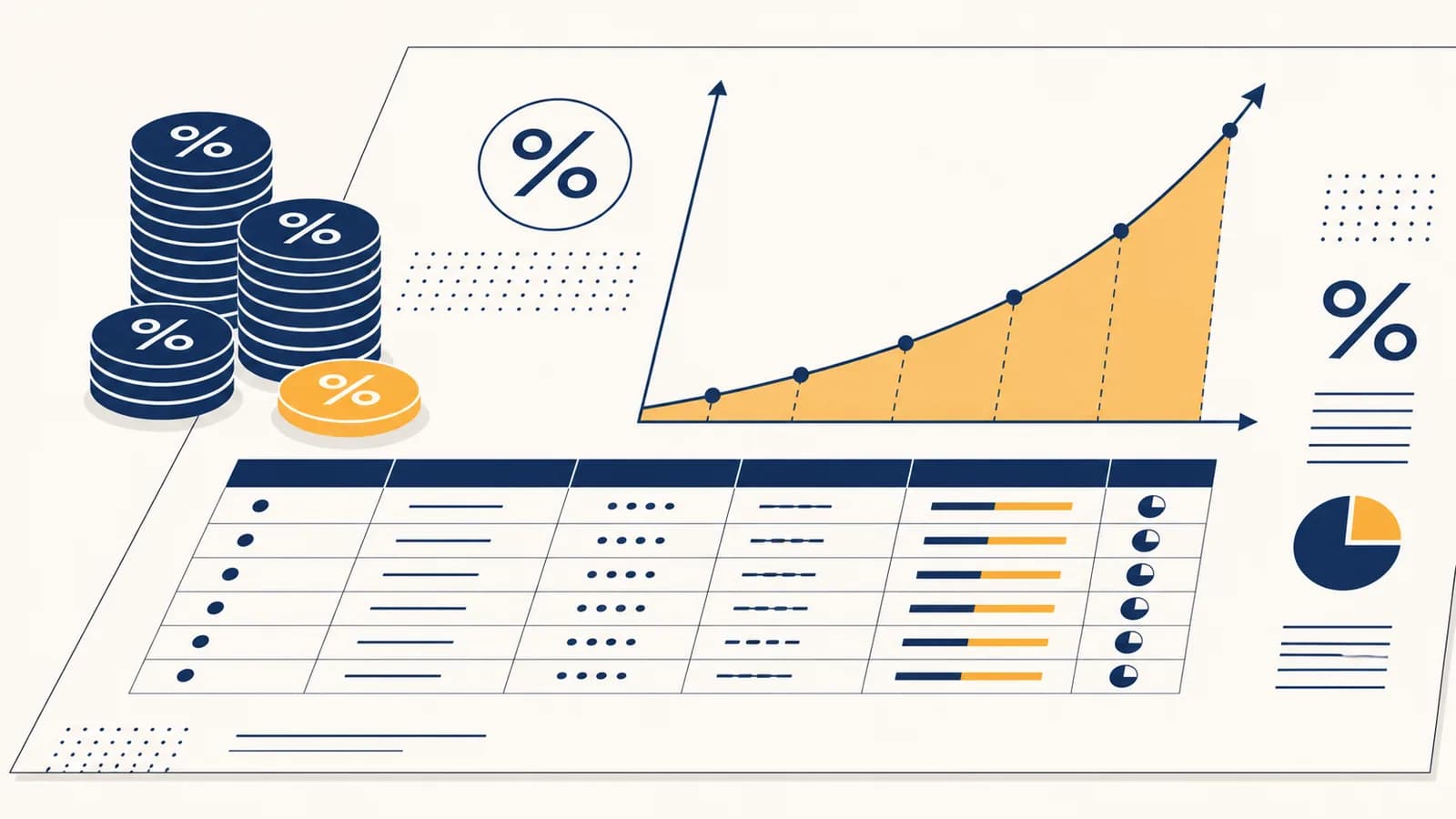 An illustration of coins, a loan schedule, percentage symbols, and a rising compound interest curve on a calculation sheet.