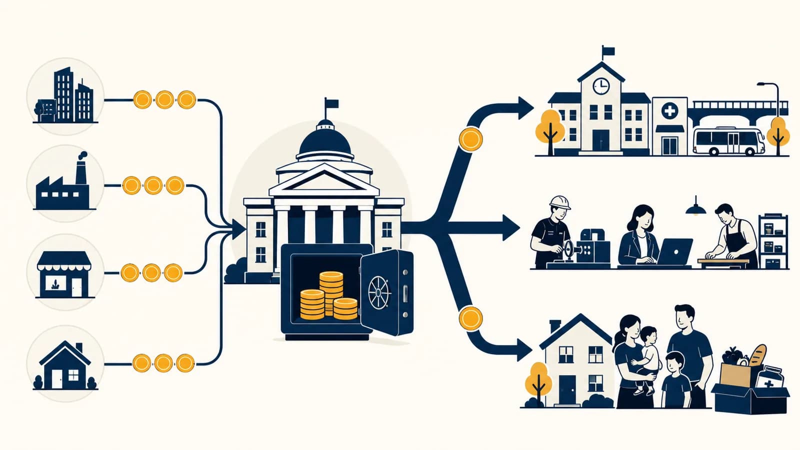An illustration of a government budget directing tax revenue toward public services, jobs, and household support.