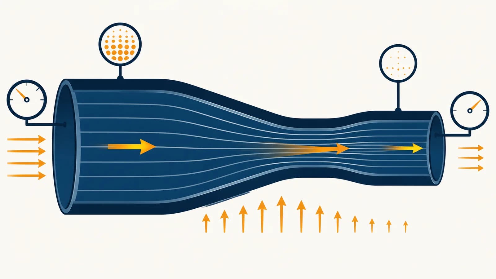 An illustration of water flowing through a narrowing pipe with pressure, speed, and force labels.