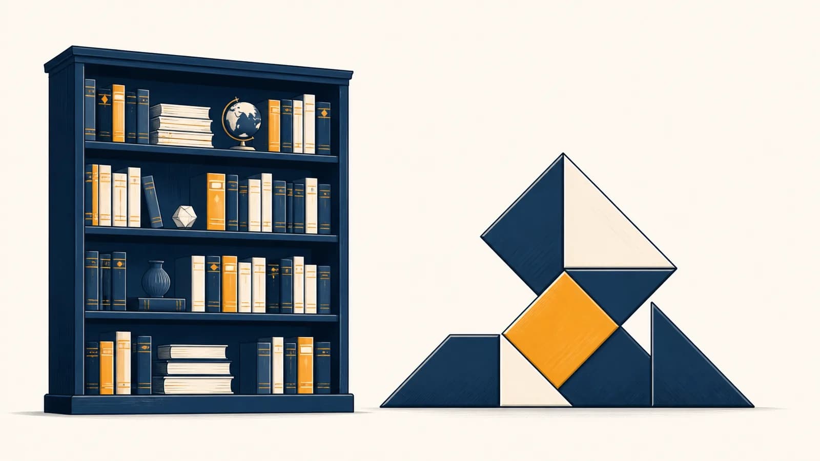 An illustration shows a new shape puzzle beside a bookshelf of accumulated knowledge.
