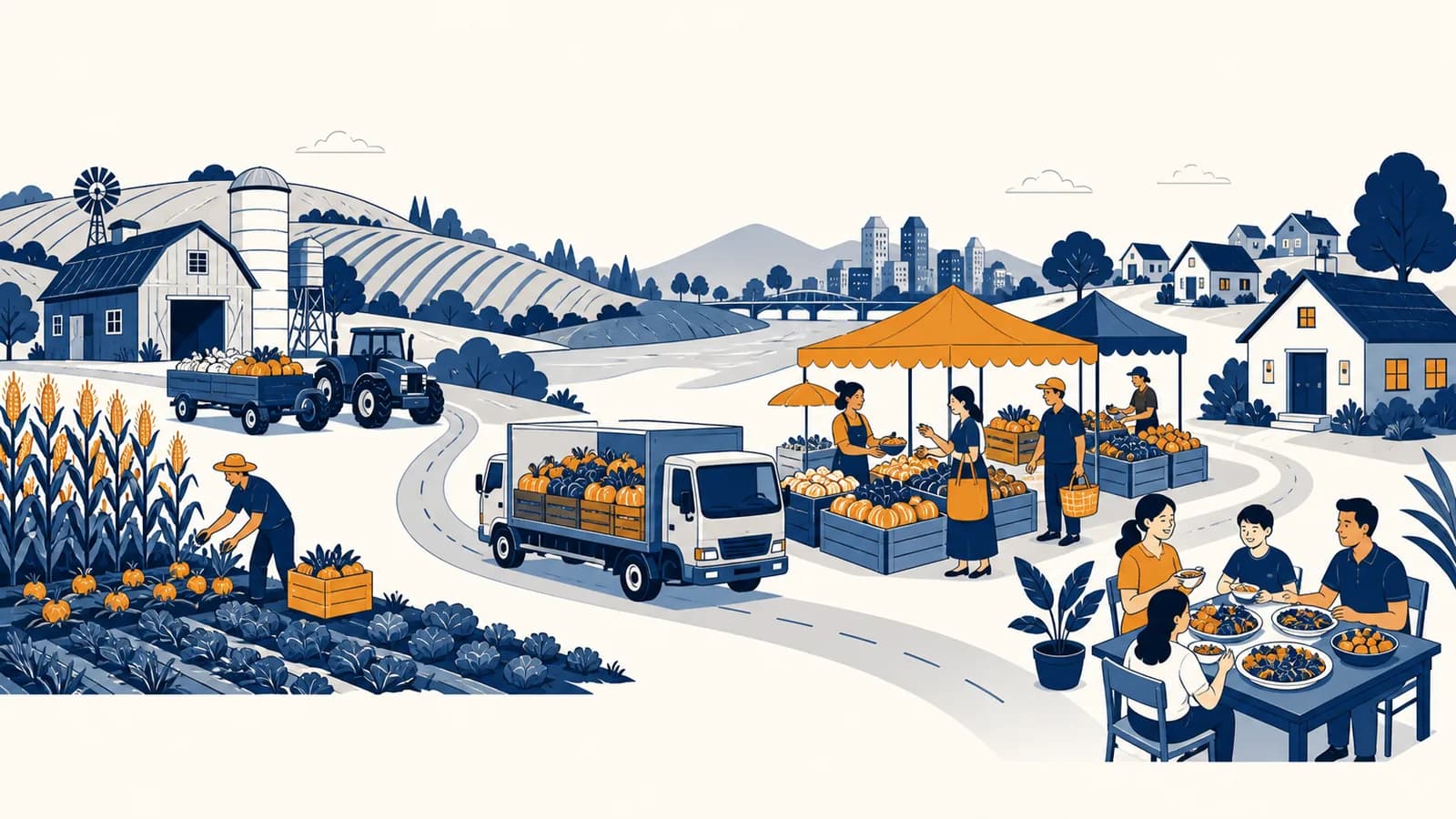 An illustration of farms, food transport, a market and households connected in a food security system.