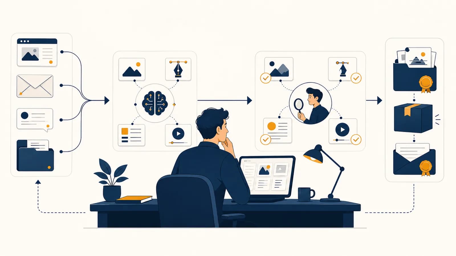 A freelancer at a desk overseeing an organized workflow of client inputs, AI-assisted tasks, human checks, and finished deliveries.