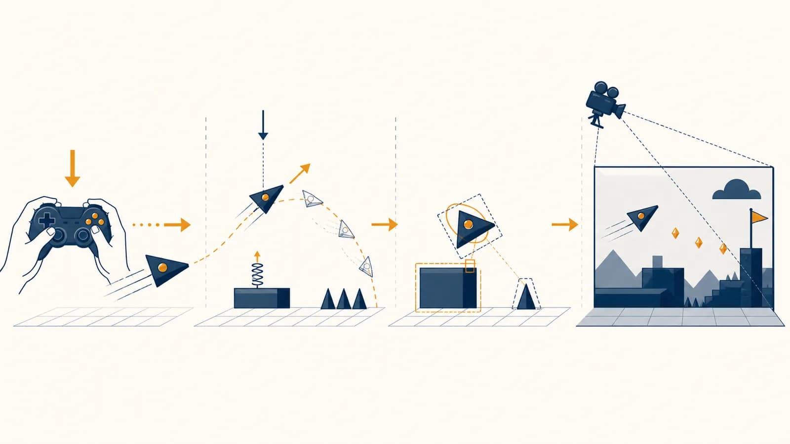 A game scene divided into input, physics simulation, collision detection, and graphics rendering stages.