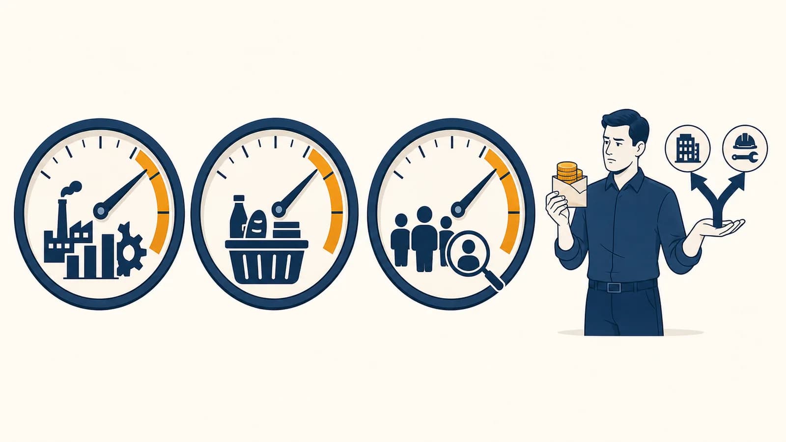 An illustration shows three economic gauges for GDP, consumer prices and unemployment beside a worker comparing pay and job prospects.