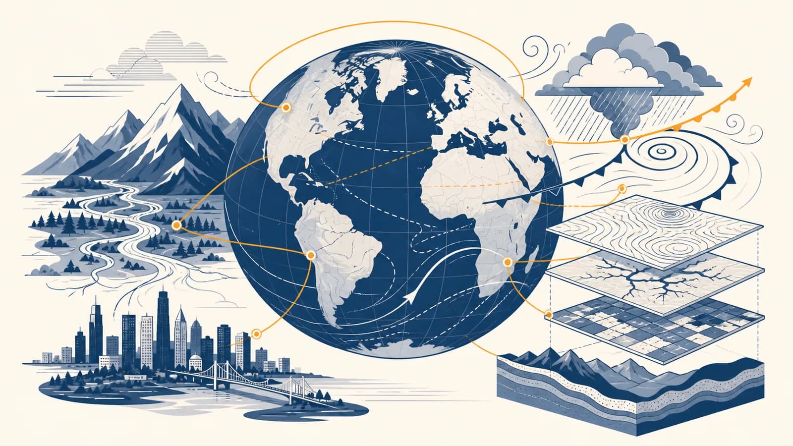 An illustrated globe links mountains, rivers, cities, weather systems and map layers.