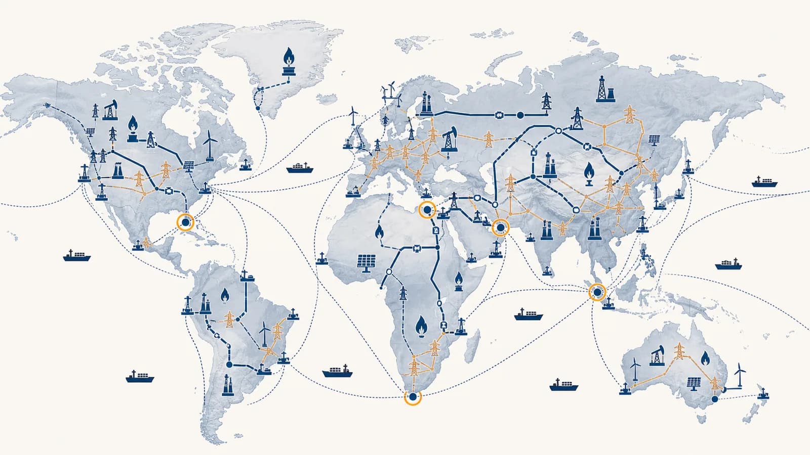 An illustrated world map connects energy fields, pipelines, power grids, ports, and shipping chokepoints across several regions.