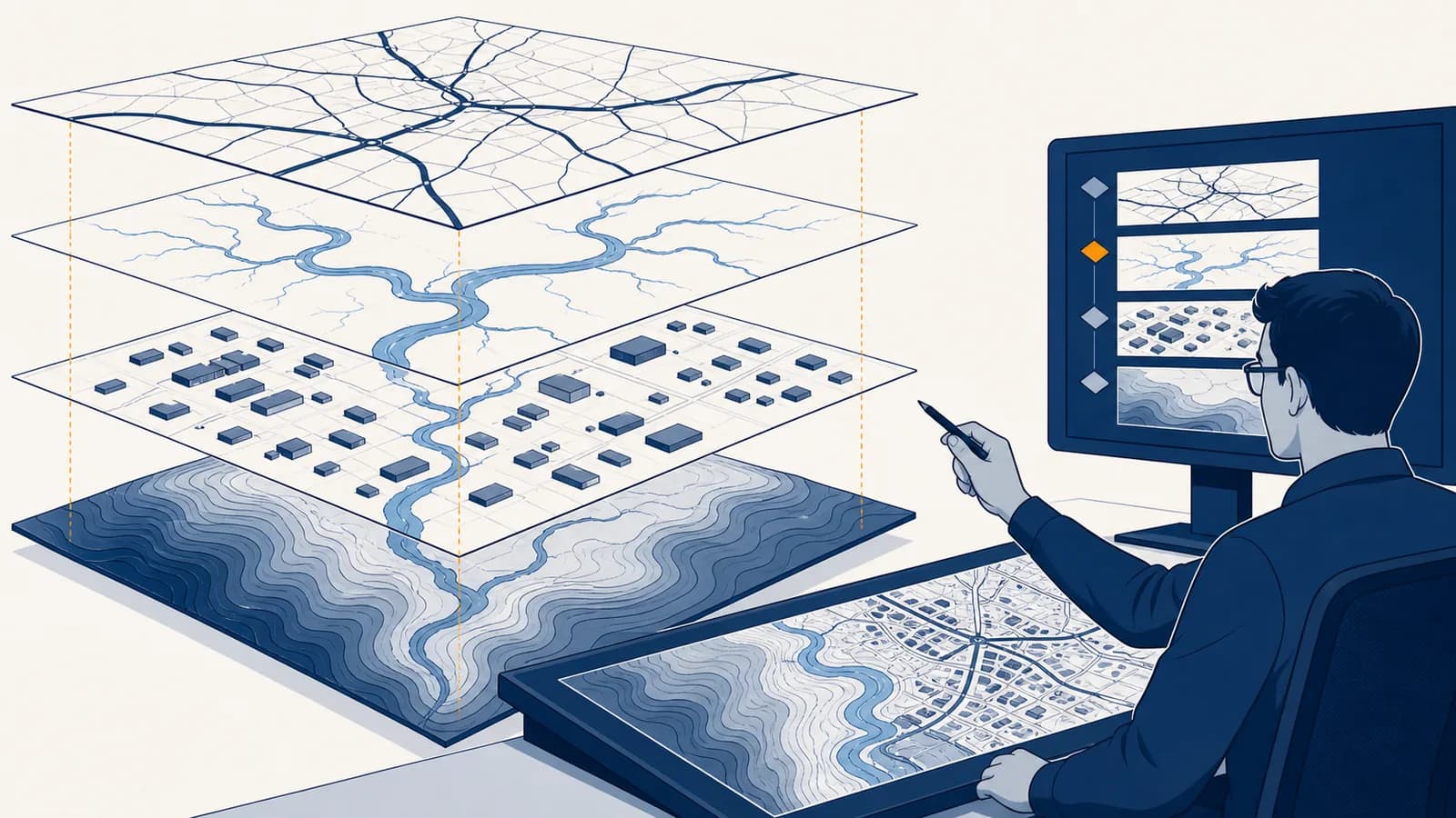 An analyst compares roads, rivers, buildings, and elevation layers in a geographic information system.