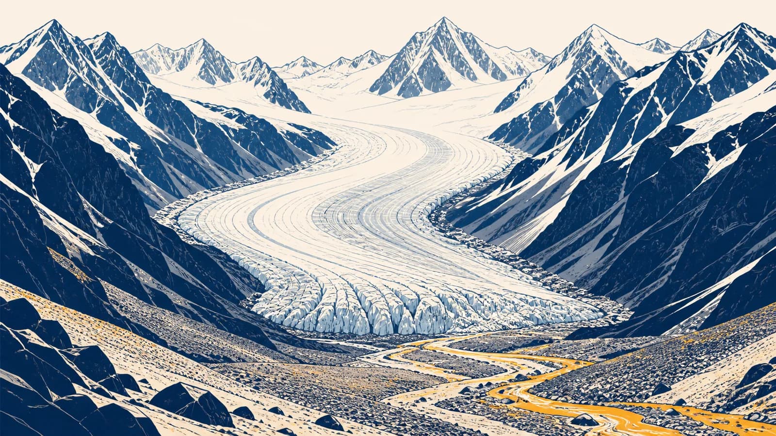An illustration of a mountain glacier flowing from a snowy accumulation zone into a meltwater valley.