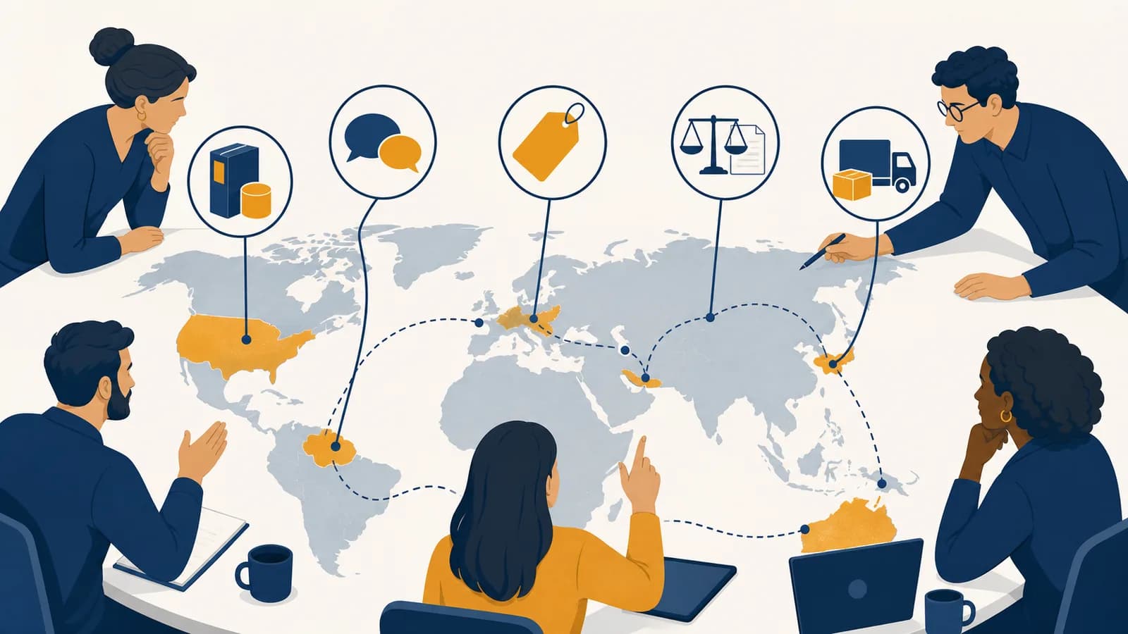 A marketing team compares product, language, price, law, and distribution choices across a world map.