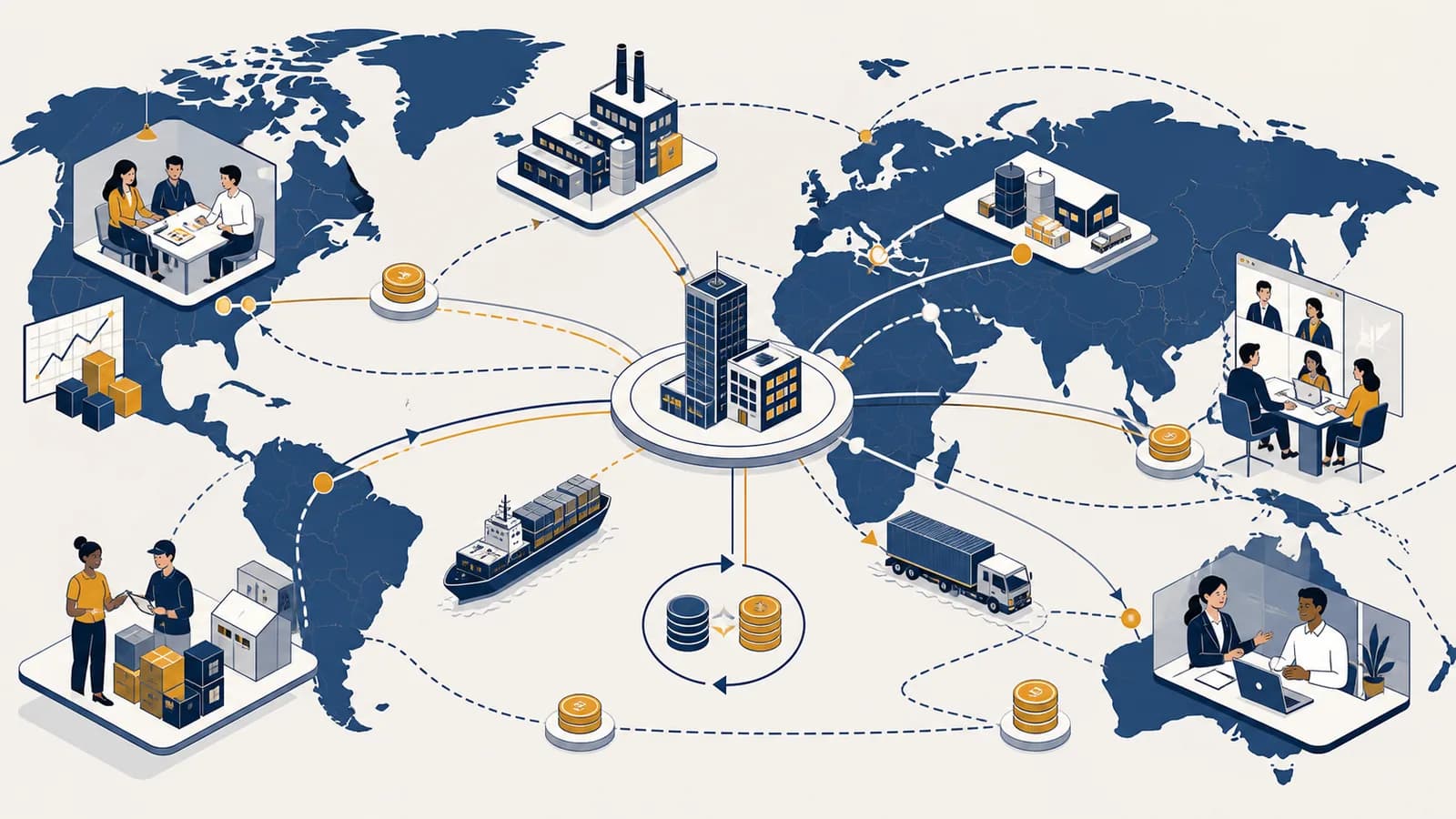 An illustration of a company coordinating markets, suppliers, transport routes, currencies, and teams across national borders.