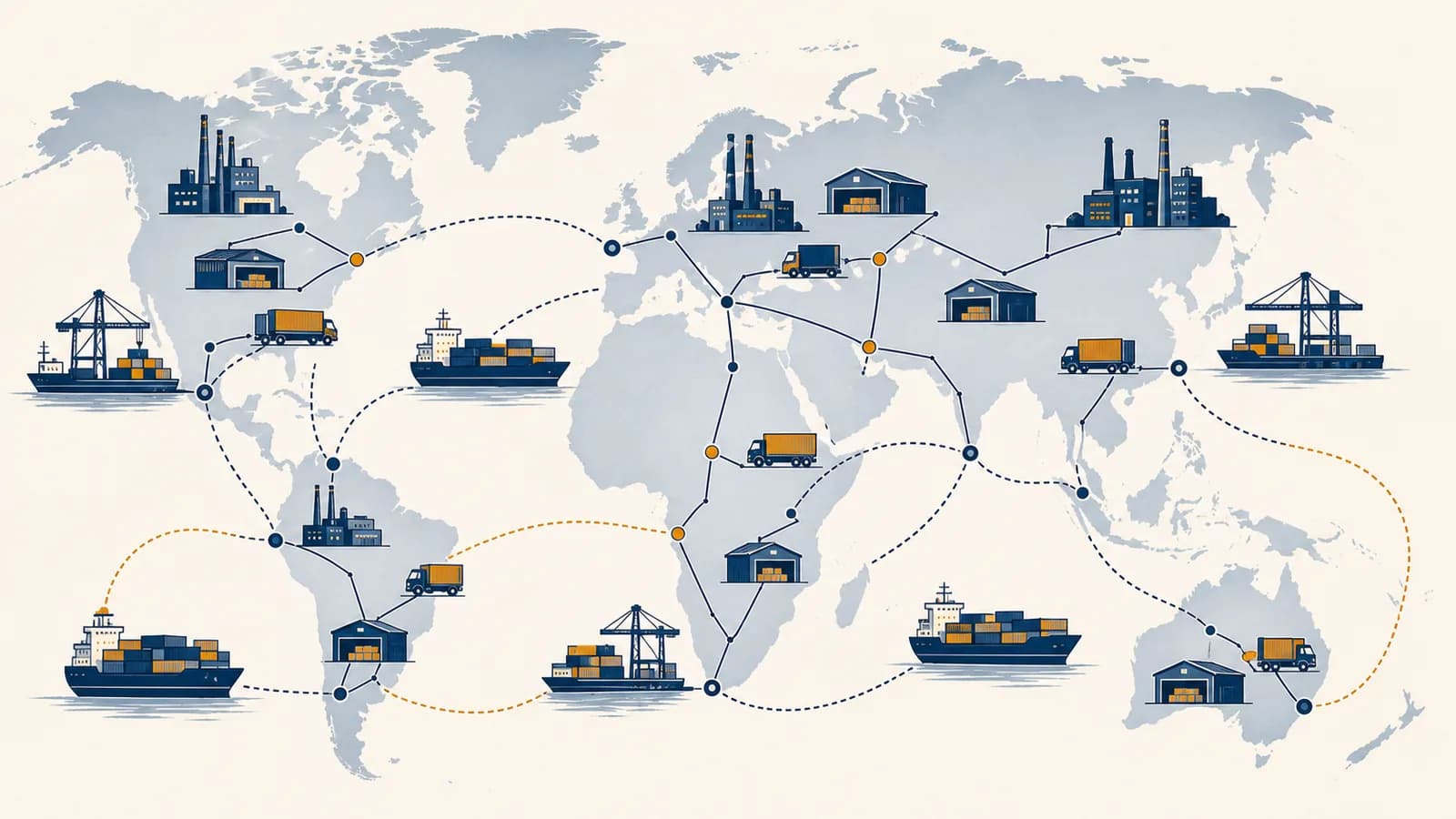An illustration of cargo ships, factories, trucks and warehouses connected across a world map.